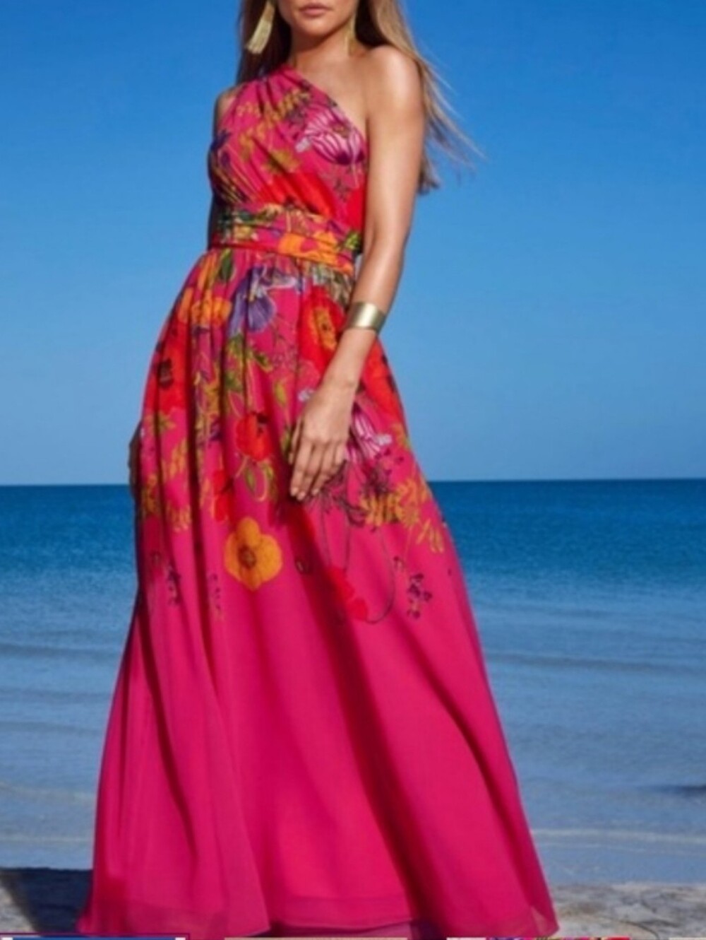Boston Proper One-Shoulder Floral Maxi Dress in Fuchsia and Purple